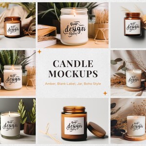 May include: A set of six amber glass candle jars with white labels. The labels have the text "Your design here" written in black cursive. The candles are arranged in a variety of settings, including on books, wooden surfaces, and with dried flowers.