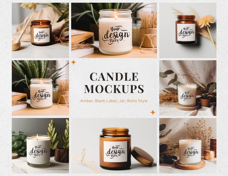 May include: A set of six amber glass candle jars with white labels. The labels have the text "Your design here" written in black cursive. The candles are arranged in a variety of settings, including on books, wooden surfaces, and with dried flowers.