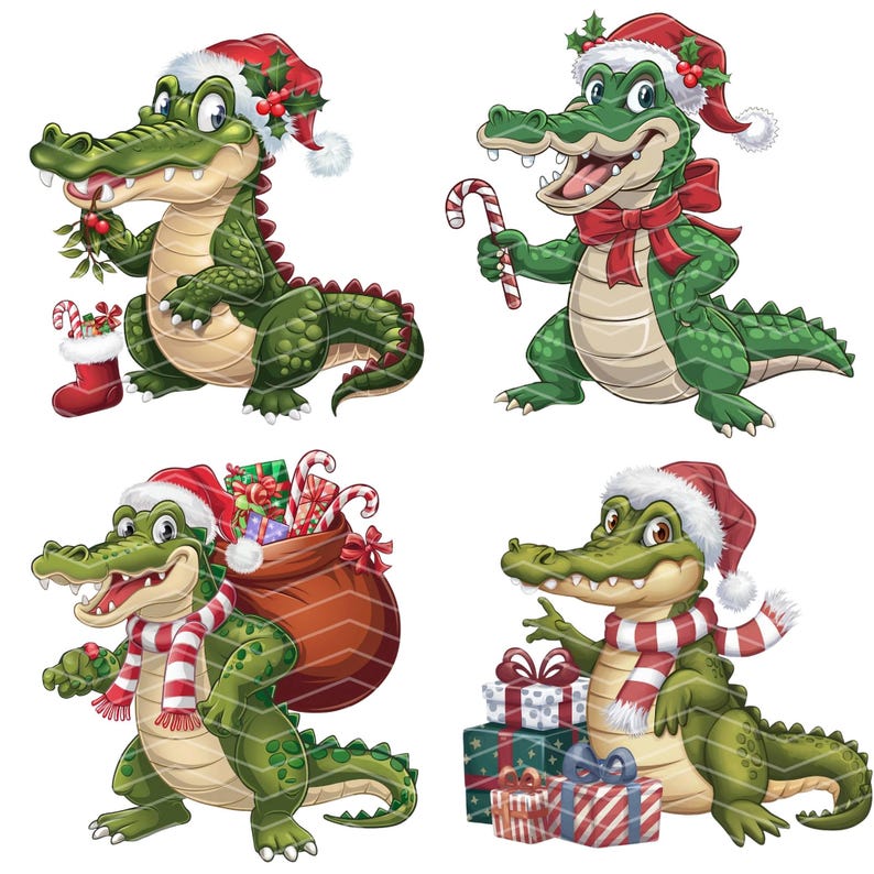 Christmas Crocodile Clipart Bundle, 12 Crocodile Png Bundle, Christmas Alligator Clipart, Digital Download, Illustrations for Cards & Crafts image 5