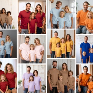 Op de afbeelding: Een collage van foto's die families laten zien die bijpassende T-shirts dragen in verschillende kleuren, waaronder rood, blauw, oranje, geel en bruin. De families zijn geposeerd in verschillende omgevingen, waaronder binnen- en buitenlocaties.
