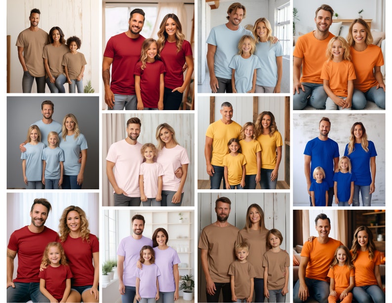 Op de afbeelding: Een collage van foto's die families laten zien die bijpassende T-shirts dragen in verschillende kleuren, waaronder rood, blauw, oranje, geel en bruin. De families zijn geposeerd in verschillende omgevingen, waaronder binnen- en buitenlocaties.