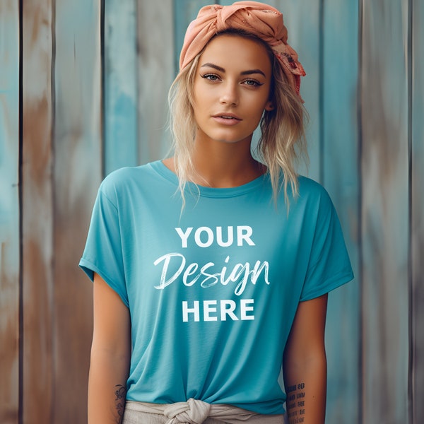 Ocean Blue Bella Canvas 3001 Mockup, Bella Canvas Mockup, Ocean Blue T-Shirt Mockup, Womens Tee Mock, 3001 Ocean Blue Shirt Mock Up