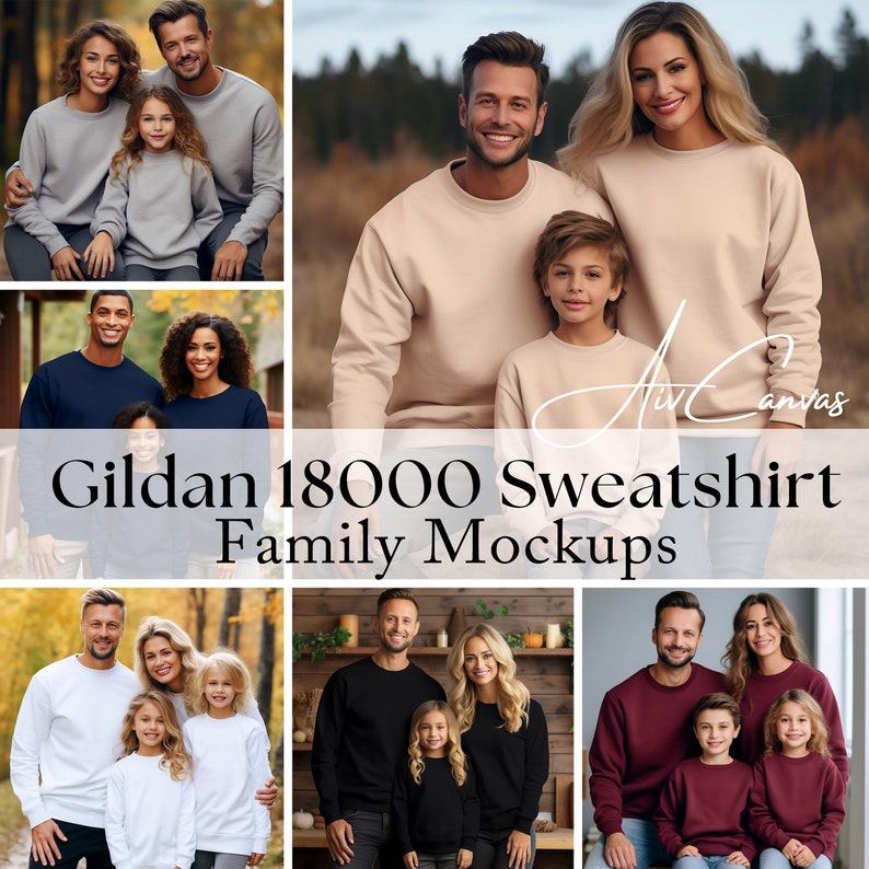 May include: A family of four wearing matching Gildan 18000 sweatshirts in various colors, including beige, navy blue, black, and burgundy. The family is posed in different settings, including a forest, a kitchen, and a living room. The sweatshirts are a classic crew neck style with a relaxed fit.