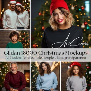 May include: A collection of Gildan 18000 Christmas mockups featuring various models wearing sweatshirts in front of a Christmas tree and other festive backgrounds. The text "Gildan 18000 Christmas Mockups" and "All Models (female, male, couples, kids, grandparents)" is displayed at the bottom of the image.