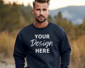 Gildan 18000 Navy Blue Mockup, Autumn Male Gildan Sweater Mockup, Fall Navy Blue Sweatshirt Mens Model Mockup, Crewneck Mockup