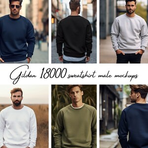 May include: Six different color crew neck sweatshirts, including navy blue, black, light gray, white, olive green, and dark blue. The sweatshirts are shown on models in various outdoor settings.