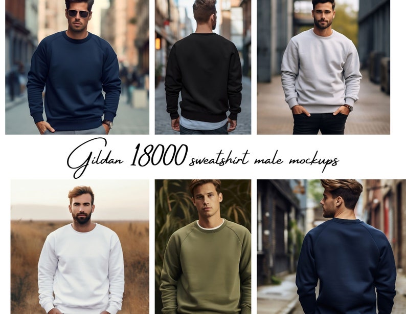 May include: Six different color crew neck sweatshirts, including navy blue, black, light gray, white, olive green, and dark blue. The sweatshirts are shown on models in various outdoor settings.