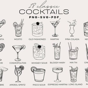 Hand Drawn Cocktail Illustrations, 18 Classic Cocktails SVG, Signature Drink Clipart, Line Art Drink Clipart, Wedding Cocktails Png