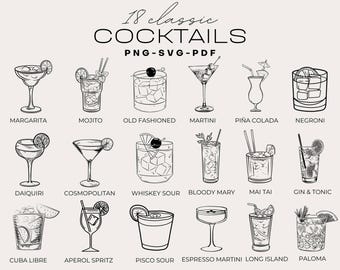 Ręcznie rysowane ilustracje koktajli, 18 klasycznych koktajli SVG, podpis drinka clipart, rysunek drinka clipart, koktajle ślubne png