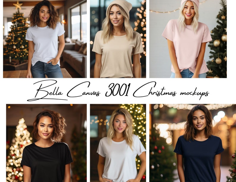 May include: Six women wearing different colored t-shirts in front of a Christmas tree backdrop. The t-shirts are blank and ready for customization. Bella Canvas 3001 Christmas Mockups.