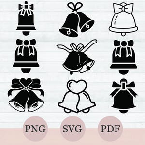 May include: A set of ten black and white bell silhouette SVG cut files. The bells are in various styles, including traditional, with bows, and with hearts.