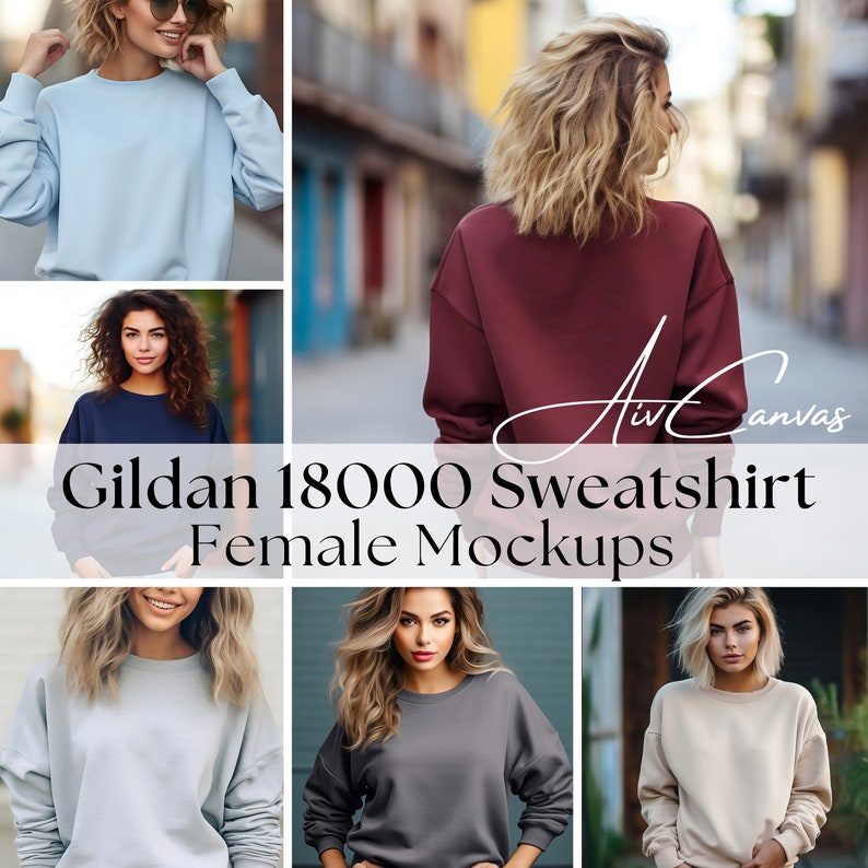 May include: A collage of six photos showcasing different color variations of a Gildan 18000 sweatshirt. The sweatshirts are shown on models in various poses and settings.