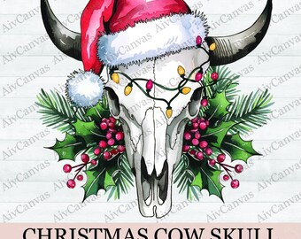 Christmas Cow Skull Png, Western Christmas Cipart, Decorated Cow Skull Png, Longhorn Skull Png, Christmas Sublimation Design