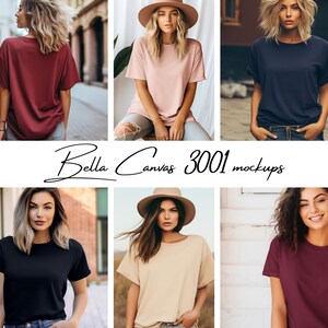 May include: A collage of six images featuring women wearing different colored t-shirts. The t-shirts are all plain and have a relaxed fit. The women are wearing the t-shirts in a variety of settings, including outdoors and indoors. The text "Bella Canvas 3001 mockups" is written in cursive at the bottom of the collage.
