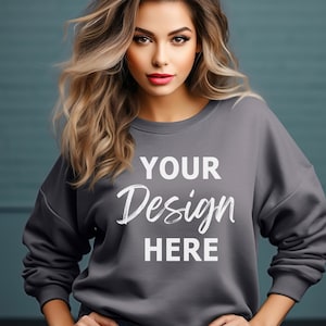 Gildan 18000 Charcoal Mockup, Gildan Charcoal Sweatshirt Mockup, Sweatshirt Woman Model Mockup, Charcoal Gildan Oversized Crewneck Mockup