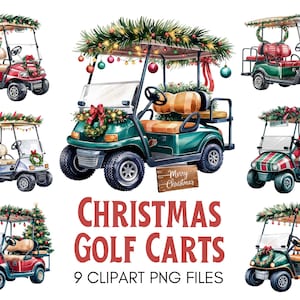 クリスマス ゴルフ カート クリップアート PNG バンドル、クリスマス ゴルフ デザイン、サブリミテッド デジタル ファイル