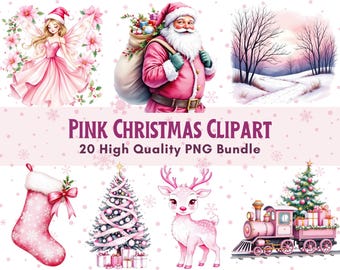 Pink Christmas Clipart Bundle, Pink Christmas Png For Sublimation, Pink Watercolor Christmas Clipart, Digital Download, Christmas Decor