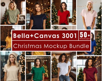 Könnte beinhalten: Eine Sammlung von über 50 Weihnachts-Mockups mit verschiedenen Frauen, die verschiedene farbige T-Shirts vor einem Weihnachtsbaum und festlichen Lichtern tragen. Der Text "Bella+Canvas 3001 50+ Mockups Christmas Mockup Bundle" wird auf rotem Hintergrund angezeigt.