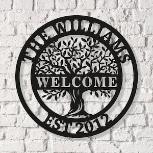 Custom Welcome Family Tree of Life Name Sign - Personalized Metal Wall Art Deco - Metal Home Sign - Wall Hanging Olive Tree Door Sign