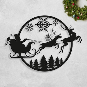 Christmas Decoration - Santa Riding a Sleigh Wall decor - Christmas Door Hanger - Black Metal Sign Art - Rustic Decor - Festive Home Decor
