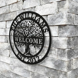 Custom Welcome Family Tree of Life Name Sign - Personalized Metal Wall Art Deco - Metal Home Sign - Wall Hanging Olive Tree Door Sign