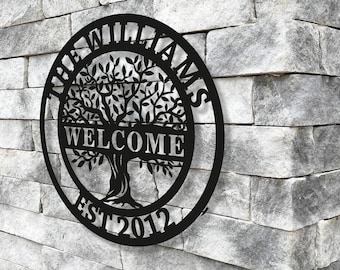 Custom Welcome Family Tree of Life Name Sign - Personalized Metal Wall Art Deco - Metal Home Sign - Wall Hanging Olive Tree Door Sign