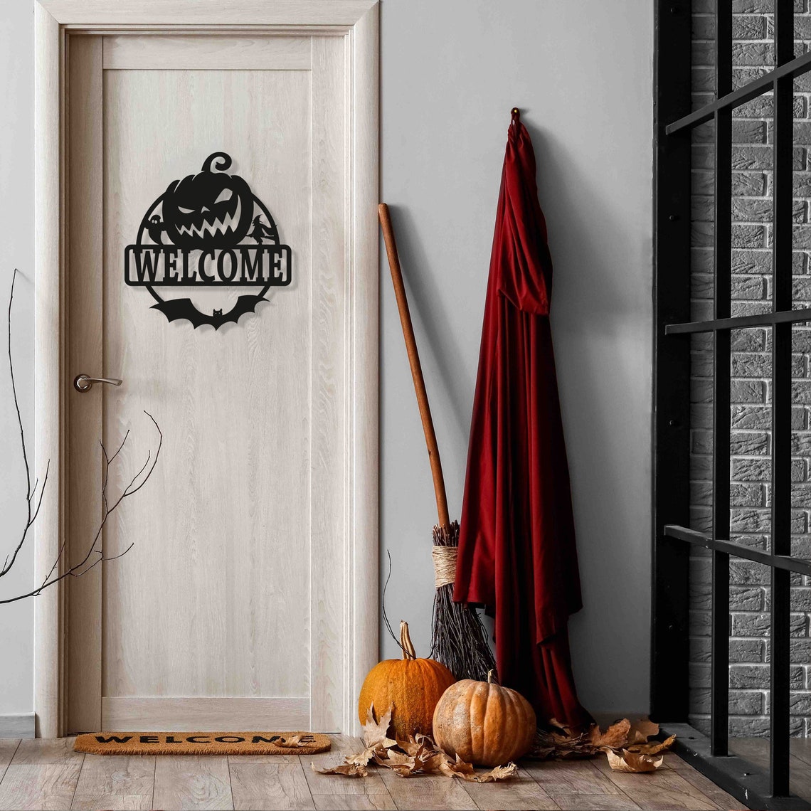 Spooky Halloween Pumpkin Welcome Metal Sign - Door Hanger - Etsy