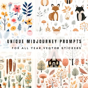Puede incluir: Un conjunto de pegatinas vectoriales coloridas con diversas ilustraciones, incluyendo flores, árboles, animales, casas y otros diseños inspirados en la naturaleza. Las pegatinas son perfectas para añadir un toque de fantasía y personalidad a diarios, planificadores, portátiles y otras superficies. El texto "UNIQUE MIDJOURNEY PROMPTS FOR ALL YEAR VECTOR STICKERS" se muestra en el centro de la imagen.