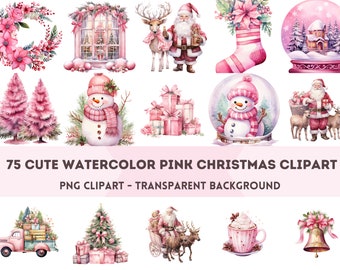 75+ aquarel roze kerst clipart PNG bundel-roze winter kerstkaart clipart-roze kerst, roze HolSHQ afdrukbare digitale kunst