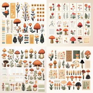 May include: A digital sticker sheet with illustrations of mushrooms, flowers, and other nature-themed elements. The stickers are in various shades of orange, yellow, brown, and green.