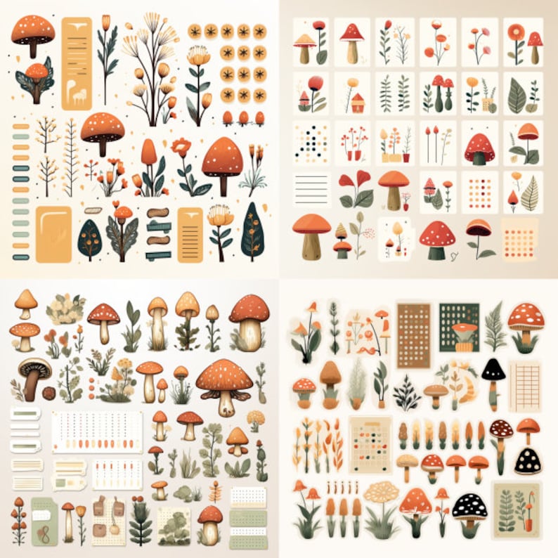 May include: A digital sticker sheet with illustrations of mushrooms, flowers, and other nature-themed elements. The stickers are in various shades of orange, yellow, brown, and green.
