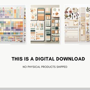 May include: Three digital planner sticker sheets with a variety of colorful, minimalist designs. The sheets feature geometric shapes, floral elements, and text boxes. The text on the image reads "This is a digital download. No physical products shipped."