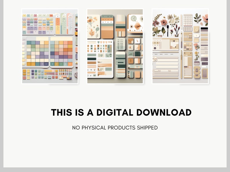 May include: Three digital planner sticker sheets with a variety of colorful, minimalist designs. The sheets feature geometric shapes, floral elements, and text boxes. The text on the image reads "This is a digital download. No physical products shipped."
