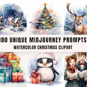 Puede incluir: Un conjunto de 100 imágenes de clipart de Navidad en acuarela. Las imágenes incluyen un pueblo nevado, un árbol de Navidad decorado, un ciervo en la nieve, una pila de regalos envueltos, un pingüino sosteniendo un regalo y tres personas cantando villancicos.