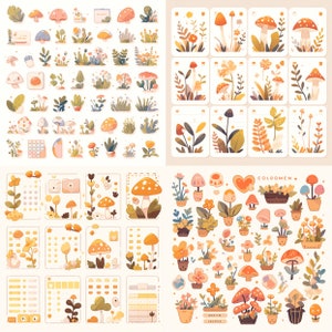 May include: A sheet of colorful stickers featuring mushrooms, plants, and flowers. The stickers are arranged in a grid pattern and include various designs, such as mushrooms with polka dots, mushrooms with hearts, and mushrooms with leaves. The stickers are perfect for adding a touch of whimsy to journals, planners, and other creative projects.