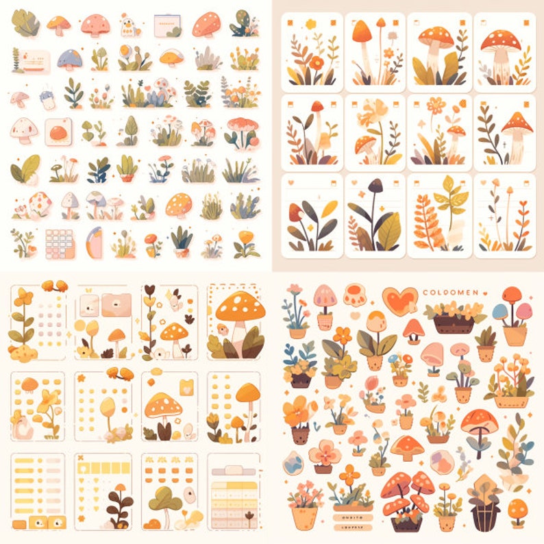 May include: A sheet of colorful stickers featuring mushrooms, plants, and flowers. The stickers are arranged in a grid pattern and include various designs, such as mushrooms with polka dots, mushrooms with hearts, and mushrooms with leaves. The stickers are perfect for adding a touch of whimsy to journals, planners, and other creative projects.