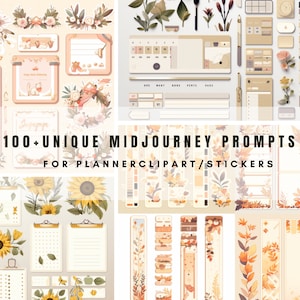 Pode incluir: Uma coleção de mais de 100 prompts exclusivos do Midjourney para clipart e adesivos de planejador. Os prompts apresentam designs florais com girassóis, folhas e galhos em tons de amarelo, laranja e marrom. Há também vários modelos em branco para planejadores, incluindo layouts semanais e diários.
