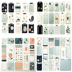 May include: A set of 48 printable planner stickers featuring a variety of floral, geometric, and abstract designs in shades of green, blue, black, and white. The stickers are perfect for adding a touch of personality to your planner or journal.