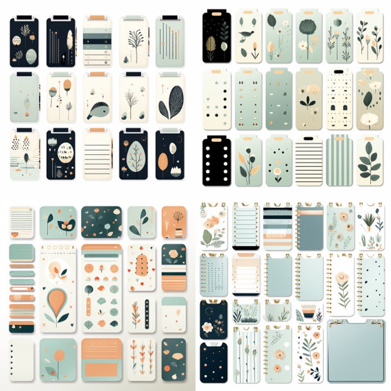 May include: A set of 48 printable planner stickers featuring a variety of floral, geometric, and abstract designs in shades of green, blue, black, and white. The stickers are perfect for adding a touch of personality to your planner or journal.