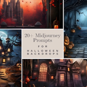 May include: A collage of six images featuring spooky Halloween backdrops. The images include a gothic castle, a haunted house, a spooky forest path, a set of stairs leading to a mysterious doorway, and a dark, mysterious room with a window. The text "20+ Midjourney Prompts for Halloween Backdrops" is displayed in the centre of the collage.