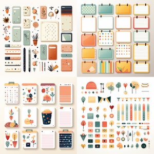 May include: A set of digital planner stickers featuring a variety of colorful designs, including floral patterns, polka dots, and geometric shapes. The stickers are perfect for adding a personal touch to digital planners and journals.