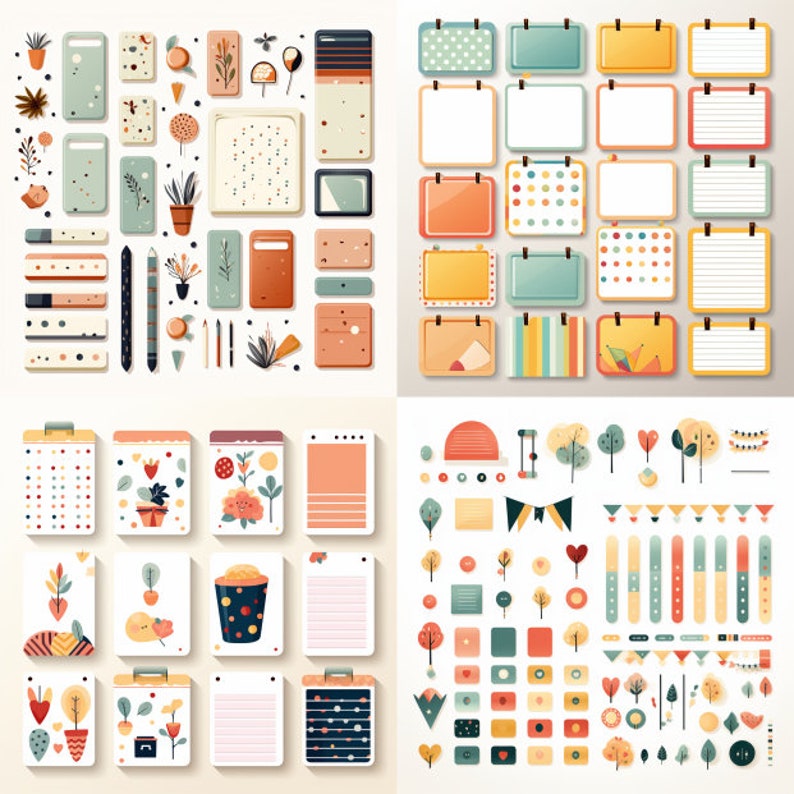 May include: A set of digital planner stickers featuring a variety of colorful designs, including floral patterns, polka dots, and geometric shapes. The stickers are perfect for adding a personal touch to digital planners and journals.