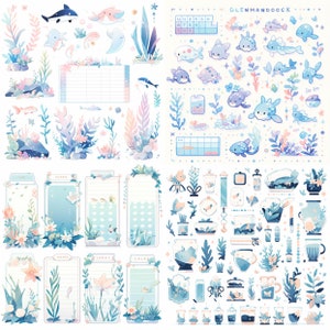 May include: A set of digital stickers featuring a variety of cute underwater creatures, plants, and objects. The stickers are in a light blue, pink, and green color scheme and include fish, seahorses, jellyfish, coral, shells, and more. The stickers are perfect for adding a touch of whimsy to your digital planner, journal, or other projects.