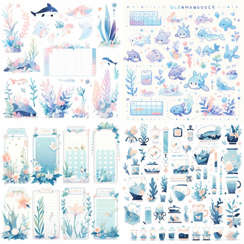 May include: A set of digital stickers featuring a variety of cute underwater creatures, plants, and objects. The stickers are in a light blue, pink, and green color scheme and include fish, seahorses, jellyfish, coral, shells, and more. The stickers are perfect for adding a touch of whimsy to your digital planner, journal, or other projects.