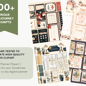 May include: A collection of 100+ unique Midjourney prompts for creating planner clipart and stickers. The image shows examples of planner stickers with various designs, including floral, geometric, and minimalist styles.