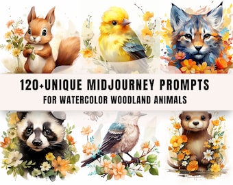 120+ Midjourney Prompts voor aquarel bosdieren clipart voor kinderkamer illustratie, Ai kunst, boskwekerij