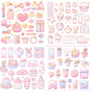 May include: A set of colorful stickers featuring various cute illustrations, including hearts, flowers, stars, cupcakes, and ice cream. The stickers are perfect for decorating planners, journals, and other paper crafts.