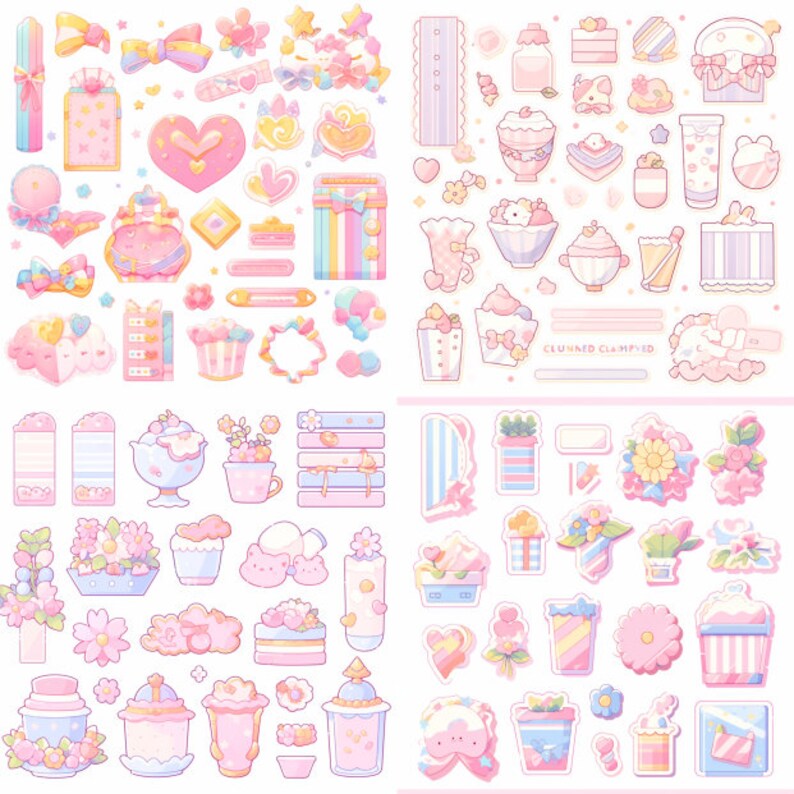 May include: A set of colorful stickers featuring various cute illustrations, including hearts, flowers, stars, cupcakes, and ice cream. The stickers are perfect for decorating planners, journals, and other paper crafts.