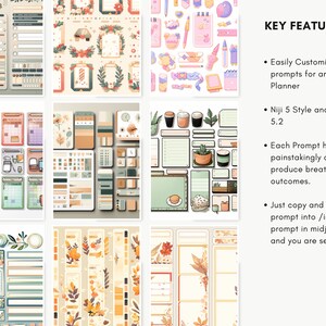 May include: A set of digital planner stickers featuring various designs, including floral patterns, autumn leaves, and coffee cups. The stickers are in a variety of colors, including brown, orange, green, and white. The text "KEY FEATURES" is visible in the image, along with bullet points describing the features of the stickers.