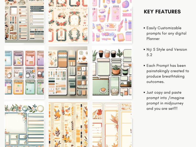 May include: A set of digital planner stickers featuring various designs, including floral patterns, autumn leaves, and coffee cups. The stickers are in a variety of colors, including brown, orange, green, and white. The text "KEY FEATURES" is visible in the image, along with bullet points describing the features of the stickers.